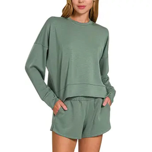 Ensemble de survêtement deux pièces pour femme de haute qualité, sweat-shirt long et short, vêtements de sport, motif uni, usage quotidien, respirant, 100% coton - Product Image 3