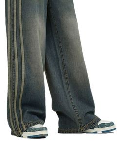 กางเกงยีนส์เดนิมทรงขากว้างสไตล์วินเทจสำหรับผู้ชาย สีเขียวฟอก ลายแถบข้าง ทรงหลวม ทรงตรง สไตล์สตรีทแวร์ลำลอง ขายส่งแบบ OEM - Product Image 6