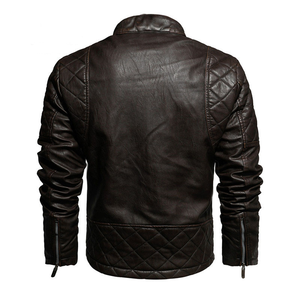 Gran oferta, chaqueta de cuero de otoño para hombre, chaqueta de cuero PU de motorista con cuello levantado ajustada, chaqueta de cuero Vintage personalizada para hombre - Product Image 2