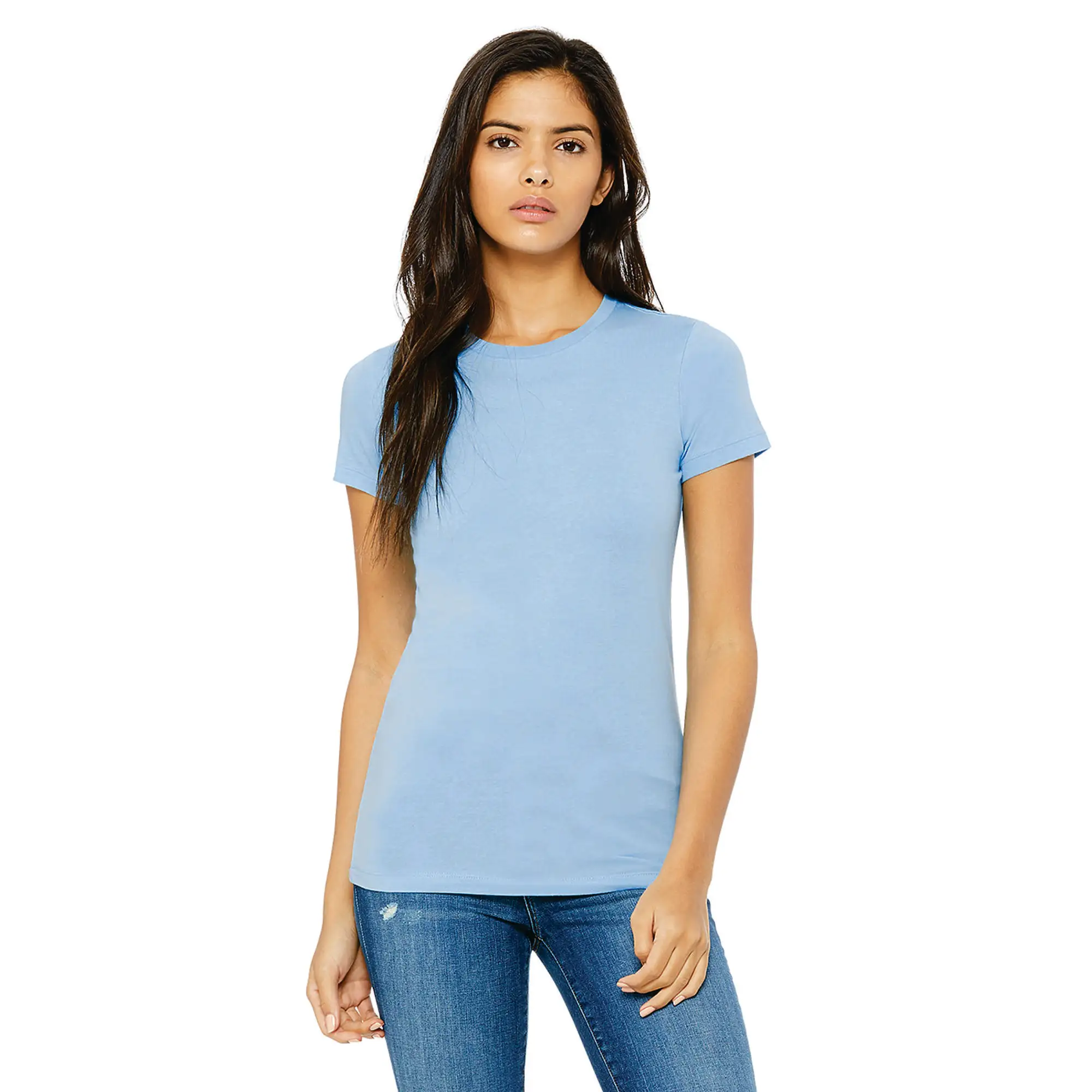 Shoulder Taping Longer Body Length 100% Airlume Combed and Ring Spun Cotton 32 Single 4.2 oz Baby Blue Womens Slim Fit T-Shirt