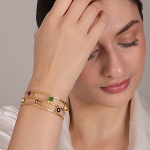 Multicolor <b>Jade</b> 18K Gold Plated Adjustable Cuff Bracelet | Handmade Brass <b>Jewelry</b> Women | Wedding Statement - Product Image 6