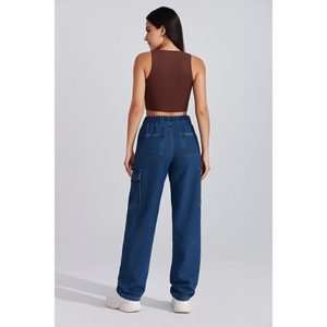 กางเกงยีนส์เอวสูงสีน้ำเงินเข้มสำหรับผู้หญิง OSCA INTERNATIONAL ผ้าฝ้าย 100% แต่งขอบ 6 กระเป๋า ผ้าสเตรช ระบายอากาศได้ดี - Product Image 3