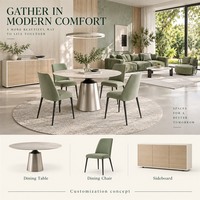 Ensemble de meubles modernes vert sauge sur mesure pour toute la maison : canapé de salon, table à manger ronde, chaises et lit rembourré