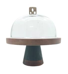 Support à gâteau en bois fait main écologique avec cloche en verre pour la présentation de desserts de boulangerie - Product Image 1