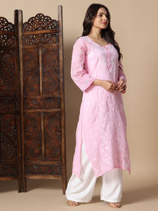 Robes d'hiver décontractées de qualité supérieure brodées à la main Kota Doria Chikankari Kurti Silhouette droite motif solide naturel formel - Product Image 3