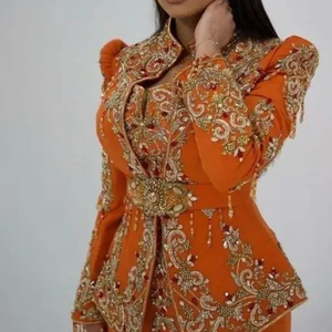 Broderie à la main sur veste de couleur orange, karakou avec robe de piste rouge avec perles de verre cristal embellies, pierre, dabka work @ 2024 - Product Image 1