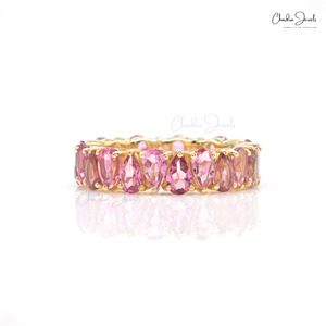 Mejor venta de oro amarillo de 14K banda de eternidad completa 5x3mm corte de pera Rosa turmalina piedra preciosa anillo apilable banda de compromiso para ella - Product Image 4