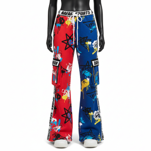 Premium Men Fleece Flare Pant 330 GSM Soft Warm Fabric Two Tone <b>Red</b> Blue Style <b>Cargo</b> Panels Custom Logo Print Washed men's pants - Product Image 1