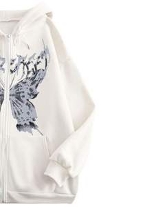 <b>White</b> Butterfly Print Zip Up <b>Hoodie</b> Women <b>Oversized</b> Fleece Hooded Sweatshirt Streetwear Casual Winter Wear - Product Image 3
