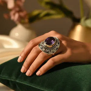 Bohemian Cocktail <b>Ring</b> With Oval <b>Amethyst</b> Stone Antique <b>Silver</b> Plated Alloy Unisex Jewelry Gift For Daily Wear - Product Image 2