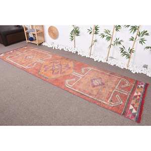 Alfombra Kilim de diseño turco vintage en naranja rojo 3x10,6 pies Material de lana viscosa con patrón de retazos de respaldo de látex para adolescentes - Product Image 1