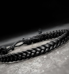Leather Bracelet for <b>Men</b>,Black Braided Boho Style Faux Simple Leather Hippie Jewelry Adjustable Surfer Bracelet - Product Image 2