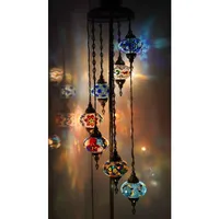 Lampe de sol turque à 7 globes, abat-jour fait main en mosaïque de verre, base ottomane, design méditerranéen LED multicolore pour salon