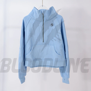 Unisex Light Blue Half Zip Hoodie with Front Pocket and Logo Print Digital Printing 100% Cotton Regular Fit Casual Winter Wear - Product Image 1