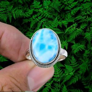 Superb sólido 925 plateado Natural Larimar bisel ovalado ajuste 7x9mm anillo hecho a mano joyería de moda para mujeres - Product Image 3