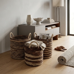 Ensemble de paniers de rangement en jonc de mer naturel, rayé marron beige, avec poignée en arche cylindrique, pot de fleurs, organisateur, décoration d'intérieur, Pure Art - Product Image 4