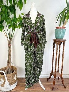 Lujo Boho Royal House Impresión digital Silky Sari Pijama Kimono Cami Top Set Invierno Traje de noche Ropa de dormir con cierre de cordón - Product Image 4