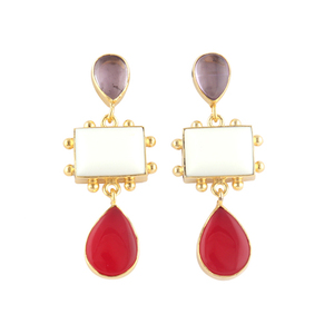 Boucles d'oreilles pendantes en Agate blanche, en améthyste, en Fuchsia, calcédoine, Triple pierre, plaqué or - Product Image 1