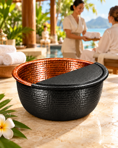 Fauteuil de pédicure rond en cuivre martelé avec couvercle noir, drainage sans tuyau et massage manuel pour salon et spa - Product Image 2
