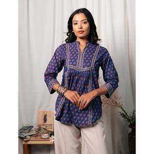 Blusa de Algodón Azul para Mujer, Estampada a Mano, con Cuello Asimétrico y Bordado Floral, Tallas XS a XL, para Oficina - Product Image 1