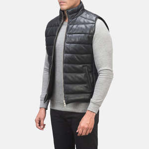 Gilet en cuir véritable Reeves noir, décontracté, matelassé, coupe-vent et imperméable, avec logo personnalisé, en tissu polyester pour l'hiver - Product Image 2