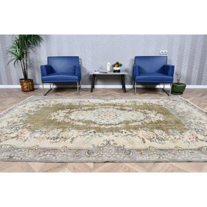 พรมขนาด 6.4x9.3 ฟุต, พรมวินเทจตุรกี, พรมขนสัตว์ลายจุดสีเทาเขียว - Product Image 2