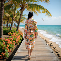Robe Kimono en Cupro Modal à Col en V et Manches Longues, Longueur Maxi, Tissu Doux, Motif Imprimé Tropical, Kaftan – Fournisseur et Fabricant