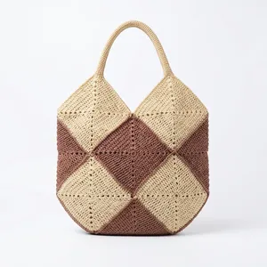 Two Tone Woven Raffia Tote Bag with Custom Logo Hand-painted Large Capacity for <b>Beach</b> Travel & Daily Use - Product Image 4