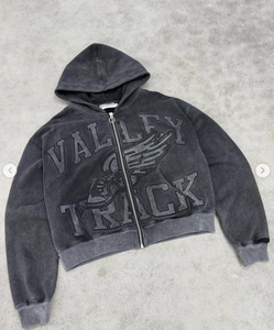 Sweat à capuche zippé vintage lourd avec imprimé graphique de lettres, sweat à capuche décontracté unisexe en coton de créateur - Product Image 2