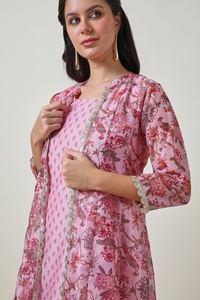 Tendance Rose Imprimé Floral Chanderi Mélange Robe Veste Longueur Genou O-cou Toutes Tailles Tenue Traditionnelle avec Taille Naturelle - Product Image 2