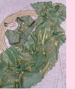 Diseñador indio más vendido Fandy satén Saree exclusivo étnico nupcial fiesta desgaste para mujer chica Color verde ropa de boda - Product Image 1