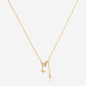 92.5 Silver <b>Necklace</b> 191277 Trendy Butterfly Shape with Zircon and Pearl Gold and Rhodium Plated Link Chain for Wedding Gift - Product Image 1