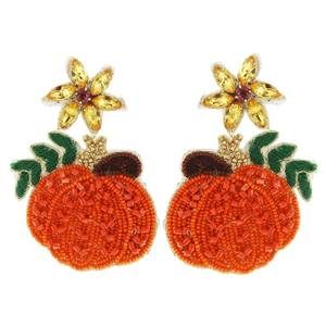 Pendientes bordados con cuentas de semillas de Halloween hechos a mano de La India Diseño de girasol de calabaza de otoño con diamante de perla para regalos de fiestas - Product Image 3
