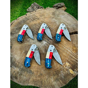Cuchillo de bolsillo con bandera de Texas de hueso de madera exótica hecha a mano, hoja de acero damasco de 3,1 pulgadas, Funda de cuero, cuchillo plegable personalizado, grado DIY - Product Image 4