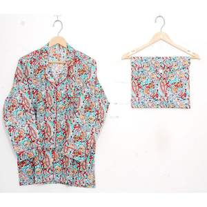 100% algodón Digital impreso Floral longitud completa botón Fly Robe Set cuello en V manga larga transpirable verano ropa de dormir regalo - Product Image 3