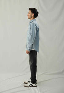 <b>Men's</b> Light Blue Twill Denim <b>Shirt</b>-Spring Season Casual Long Sleeve Anti-Shrink OEM Service - Product Image 5