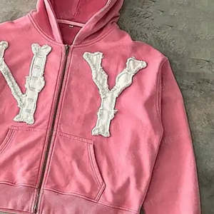 Custom Distressed Embroidered <b>Hoodie</b> for <b>Men</b> Heavyweight Fabric Patches Stitch Digital Printing <b>Lined</b> Design - Product Image 3