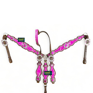 Ensemble de tête et de poitrail pour cheval de style western, rose argenté métallisé, aspect cuir de vache avec strass - Product Image 1