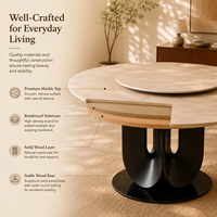 Table à manger ronde moderne et écologique en marbre avec plateau tournant, base en bois noir, capacité 10 personnes