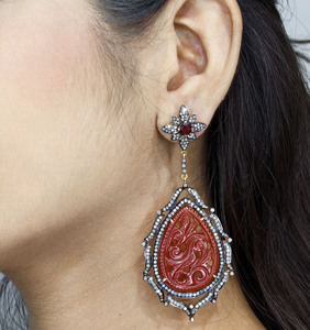 REYES High End Luxury Jewelry Handmade 925 Sterling Silver Ruby Gemstone with Natural Diamond Victorian Carbines <b>Earrings</b> - Product Image 5