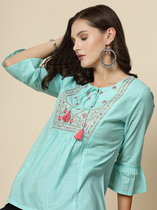ฤดูร้อนอินเทรนด์และมีสไตล์ผ้าฝ้ายสีเทอร์ควอยซ์ Kurti ปักคอในแฟชั่นลําลองสีเทอร์ควอยซ์สวมใส่ Kurti - Product Image 5