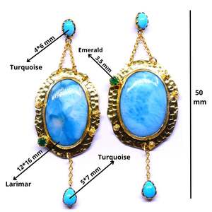 Diseñador étnico estilo Vintage 925 pendientes de plata esterlina hechos a mano Larimar turquesa piedras preciosas chapado en oro boda desgaste cadena - Product Image 2