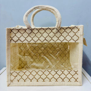 Bolsas de regalo de yute bohemias XL Ventana de PVC transparente Cremallera duradera cruzada de moda para cesto a granel Embalaje personalizable - Product Image 1