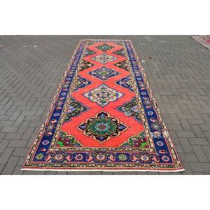 4.8x13 ft Vintage <b>Runner</b> Rug, <b>Red</b> Blue Turkish Persian Wool Rug - Product Image 1
