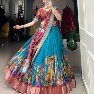 Conjunto de Lehenga Choli con estilo tradicional con trabajo impreso para ropa de mujer india en bodas, festivales y celebraciones - Product Image 1