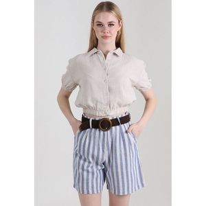 TOPSHOW Women's Blue Striped Belted <b>Linen</b> Blend Casual Shorts for Summer Beachwear & Wholesale Orders - Product Image 1