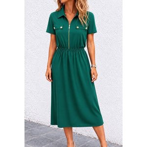 Robe longue en viscose à manches courtes, col zippé, deux fils, avec détails de poches décoratives, 35358 - Vert - Product Image 1