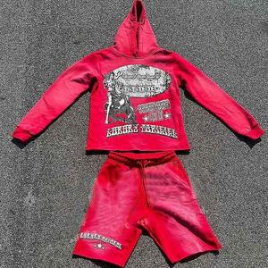 Sudadera con capucha y pantalones cortos personalizados Vintage Sun Faded, chándal con dobladillo crudo, chándal para correr, sudaderas con capucha y pantalones cortos transpirables con lavado ácido - Product Image 2