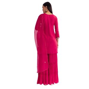 Ensemble Kurta brodé en organza rose Rani avec costume ethnique Sharara élégant Dupatta pour les occasions de mariage festives et nuptiales - Product Image 4