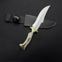 Couteau de chasse et de camping Skinner avec manche en corne de cerf, lame en acier inoxydable 4116 partiellement dentelée, avec étui en cuir, garantie de 3 ans